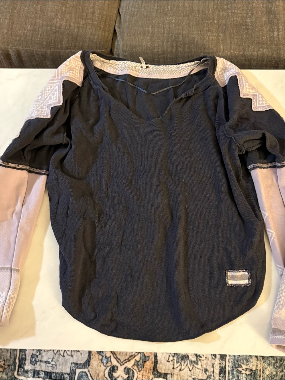 Free People Black Top with Embroidered Sleeves